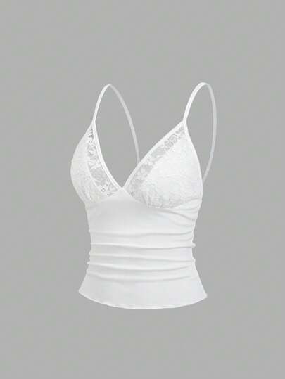 Sweetra Women's White Lace Panel Camisole, V-Neck Spaghetti Strap Slim Fit, Summer Casual Elegant Vacation Y2K Top Summer Tops Party Outfit Beach Outfits For Women Going Out Outfits Elegant Women's Tops Vacation Outfits Women Casual Tops For Women White Top