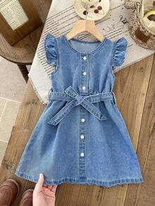 LMoss Kids Vestido suelto de niña joven de mezclilla azul con cinturón - Lavado ligero - Ver 6