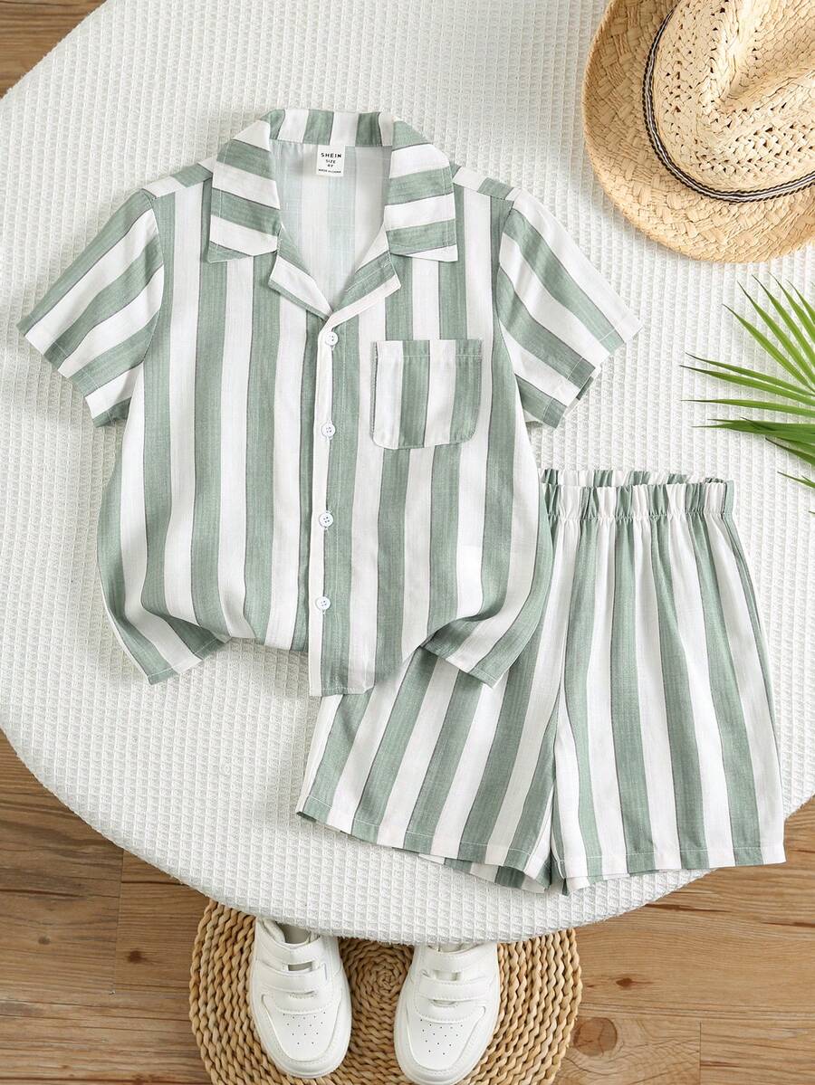 SHEIN 2pcs/Set Young Boys' Casual Green & White Striped Polo Collar Short Sleeve Shirt And Elastic Waist Shorts, Textured Fabric, Suitable For Home, School, Travel And Vacation Toddler Boy Clothes  Summer Outfits  Suitable For St Patrick's Day - Multicolor - View 1