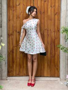 MainGRL Women's Elegant Heart Print Asymmetric-Shoulder Waist Cinched Dress, Summer - White - View 5