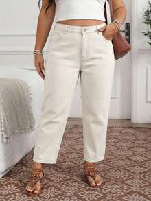 EMERY ROSE Plus Size Women's Casual Versatile Daily Travel Denim Jeans With Pockets And Buttons - Khaki - View 4