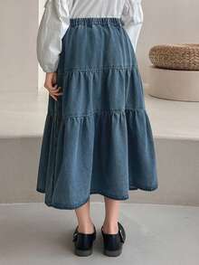 DAZY Tween Girls Elastic Waist Layered Ruffle Hem Casual Denim Skirt - Blue - View 3