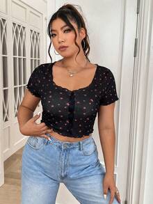 SHEIN EZwear 大码女式黑色碎花短袖单排扣T恤 - 黑色 - 查看 3