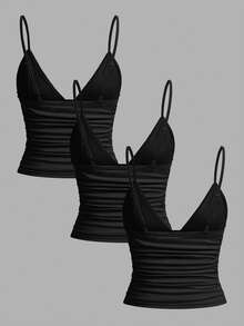 SHEIN EZwear 3件套女士休闲褶皱修身吊带背心，内置胸罩，适合夏季穿着 - 黑色 - 查看 2