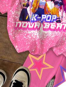 SHEIN Bộ 2 món dành cho bé gái, phong cách K-POP, in hình bình nước và chữ ngôi sao, áo thun cổ tròn tay ngắn và quần short, thích hợp cho các kỳ nghỉ, tiệc tùng, mặc hàng ngày và các buổi hòa nhạc. - Nhiều màu - Xem 5