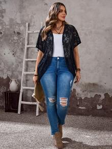 EMERY ROSE 大码女式蕾丝面料轻薄休闲外套 - 黑色 - 查看 3