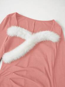 SHEIN LUNE Women's Solid Color Fuzzy Heart Collar Long Sleeve Elegant Dress - Pink - View 4
