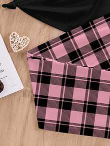 2pcs/Set Teen Girls Black Round Neck Short Sleeve Top With 67 & Bow Print, Paired With Plaid Print Pants, Casual Outfit - Multicolor - View 5