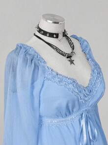 Sunspun Plus Size Women Lace Trim Knot Design Ruched Fashionable Versatile Long Sleeve Blouse - Blue - View 6