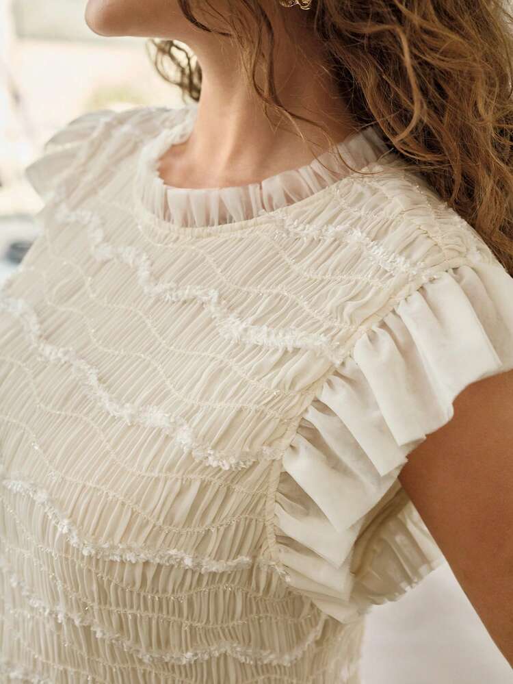 PLUS SIZE APRICOT RUCHED MESH RUFFLE ARMHOLE DRESS