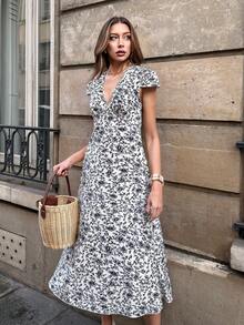 SHEIN ChicEase Women's Floral Print Cap Sleeve Casual Dress Elegant Floral Dress Women - Black - View 5