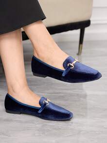 Sleekvia Women's Classic Suede Navy Blue And Gold Button Flat Loafers, Commuter Shoes - Royal Blue - View 1