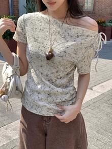 DAZY Women's Tie-Dye Twist Shoulder Design Casual T-Shirt - Apricot - View 8