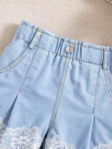 SHEIN Young Girls Summer Washed Denim Shorts, Casual Elastic Waist Loose Fit Wide Leg Lace Trim Blue Jeans Shorts - Blue - View 7
