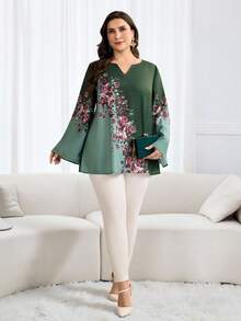 Al Najma 大码女式时尚优雅印花阿拉伯风格上衣 - 墨綠色 - 查看 7