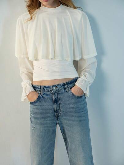 Maija 女士纯色立领长袖休闲荷叶边喇叭袖衬衫