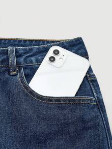 Maija 女士蓝色牛仔中长裙，低腰设计，饰有金属扣环，优雅时尚 - 深色水洗藍 - 查看 6