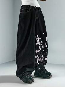 ROMWE MEN Street Life Jeans casuales de hombre con estampado floral y desgastados - Negro - Ver 6