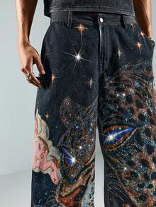 ROMWE MEN Street Life Men's Casual Fashion Street Leopard Rhinestone Faux Print Loose Relaxed Fit Distressed Jeans - Blue - View 2