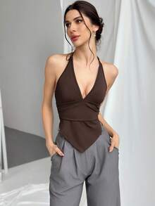 Firerie Top corto con escote en V profundo, cuello de halter, tirantes con lazo y espalda descubierta para mujer - Café integral - Ver 6