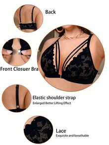 SHEIN 1 pieza Sujetador inalámbrico de encaje con cierre delantero para tallas grandes - Negro - Ver 5