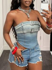 Slaydiva 女士时尚街头风水洗牛仔抹胸上衣，夏季必备 - 淺色水洗藍 - 查看 3