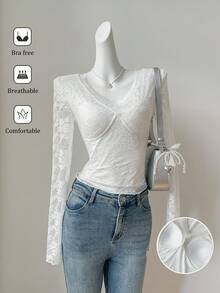 SHEIN EZwear 白色蕾丝针织修身浪漫上衣 - 白色 - 查看 3