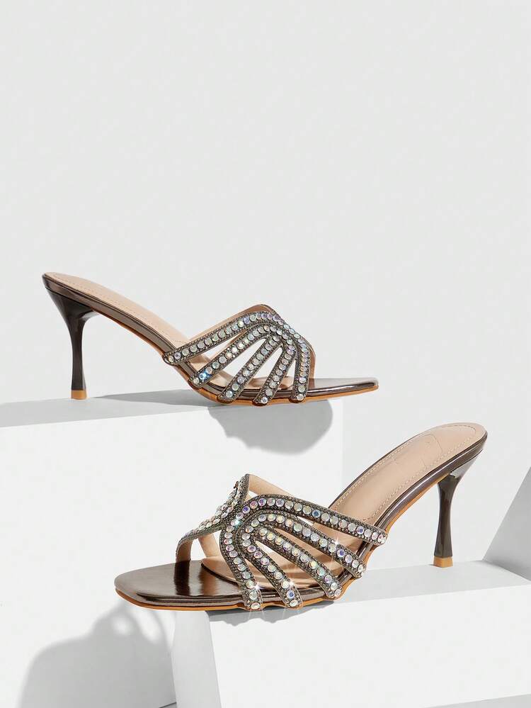 CUCCOO SZL Women's Fashion Square Toe Voltage Upper Rhinestone Decorative Stiletto Party Sandals Prom Heels