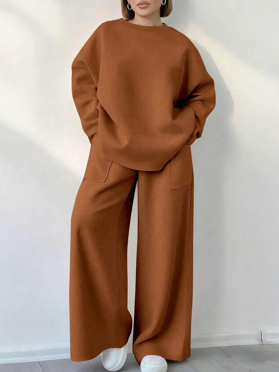 EMERY ROSE 女士纯色圆领长袖上衣和阔腿裤休闲两件套 - 鏽棕色 - 查看 1