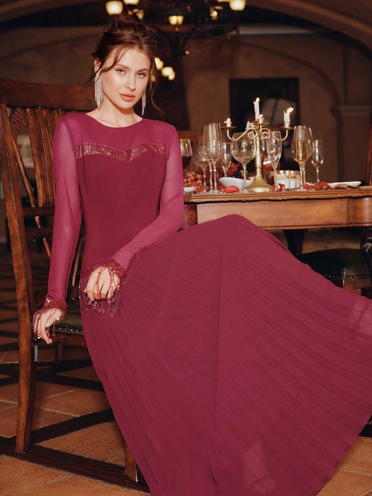 Women's Elegant Pearl Rhinestone Chiffon Dress