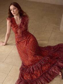 MOTF PREMIUM 女士网纱印花荷叶边连衣裙，春夏款 - 橘色 - 查看 1