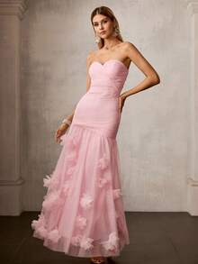 MOTF Soiréza 女士浪漫网纱花卉贴花正式连衣裙，春夏款 - 粉色 - 查看 4