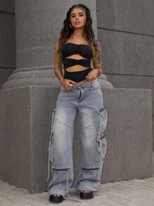 破洞工装牛仔裤，带多个拉链口袋，Y2K 风格阔腿抽绳细节，街头时尚秋冬 - 卡其色 - 查看 1