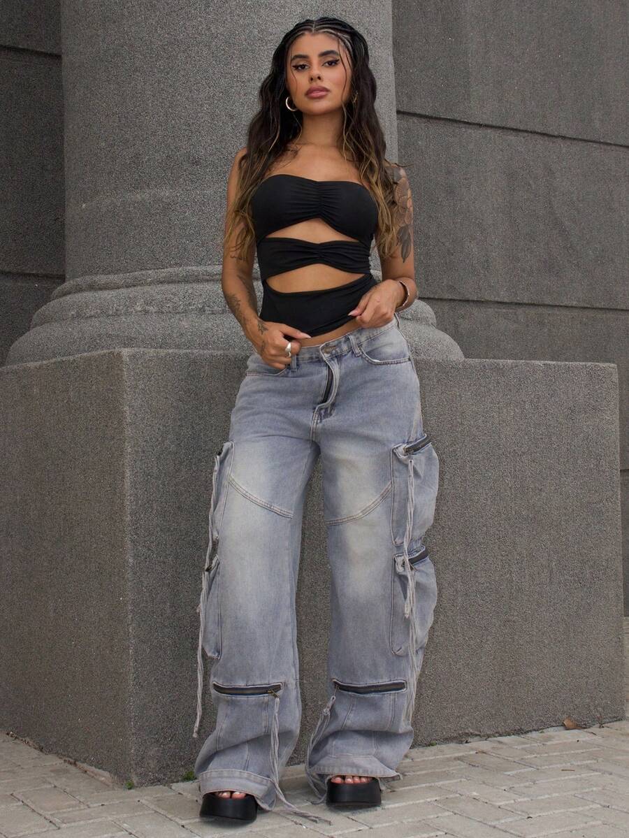 破洞工装牛仔裤，带多个拉链口袋，Y2K 风格阔腿抽绳细节，街头时尚秋冬 - 卡其色 - 查看 1