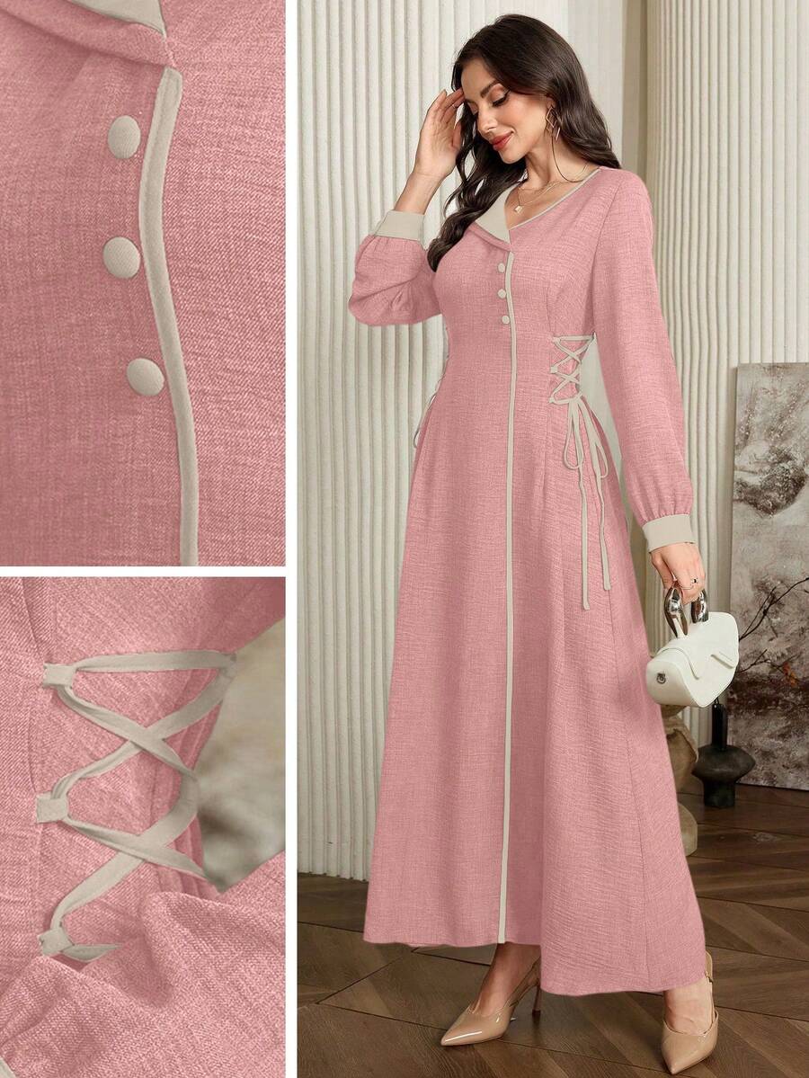 Modelyn Vestido elegante con cordón ajustable en la cintura y tirantes delgados con ribete de color contrastante - Rosa - Ver 1