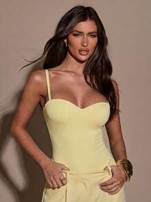 SHEIN BAE Women's Casual Solid Color Basic Sleeveless Bodysuit, Summer - Yellow - View 4