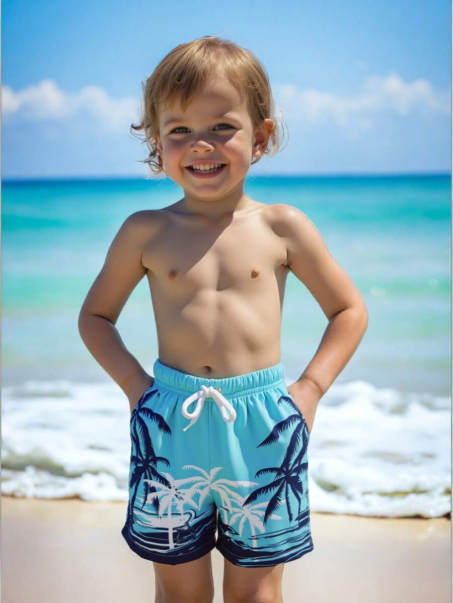 Young Boy Blue Beach Wave & Coconut Tree Print Swim Trunks, Random Print Pattern, Comfortable Swimwear