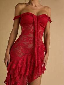 SHEIN BAE Women's Green Spaghetti Strap Spaghetti Strap Backless Ruffle Trim 3D Floral Lace Dress, Elegant Resort Dress, Summer Dress - Red - View 6