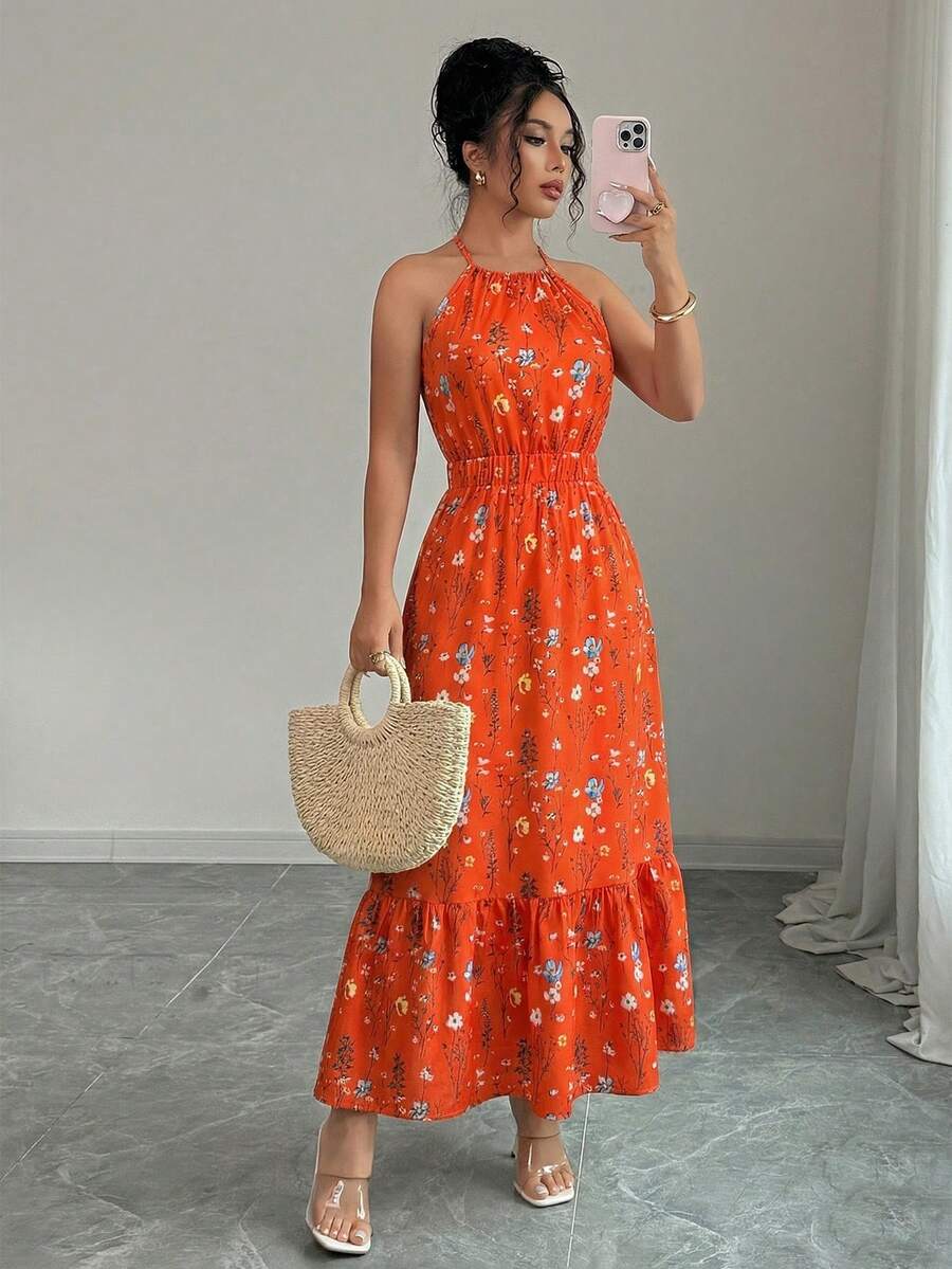 Elenzga Printed Elastic Strap Casual Long Dress For Women - Multicolor - View 1