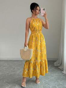 Vestido largo casual con estampado y elástico para mujeres - Amarillo - Ver 6