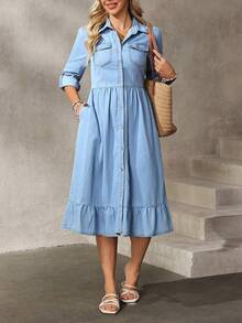 EMERY ROSE 女士翻领单排扣口袋休闲度假约会外出长袖牛仔连衣裙 - 藍色 - 查看 1