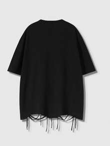 ROMWE MEN 男士休闲时尚街头通勤星形刺绣做旧下摆宽松黑色T恤，夏季款 - 黑色 - 查看 2