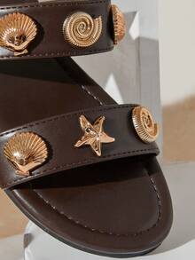 Solezae Women's Minimalist Comfortable, Durable, Double Band Slip-On Flat Sandals With Metal Ornaments - Coffee Brown - View 9