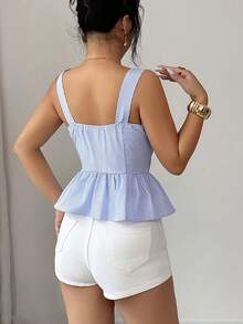 GlowEve 女士新款蓝色条纹褶皱优雅腰身A字蝴蝶结装饰吊带背心，适合度假、约会和日常穿着，春夏款 - 藍色 - 查看 2