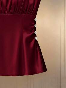 Franclia 女士优雅纯色褶裥腰部吊带背心 - 酒紅色 - 查看 4