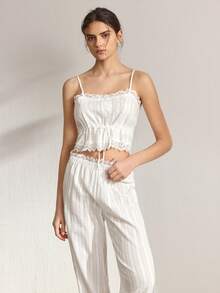 Ocili Women's Contrast Lace Tie-Waist Camisole And Pants Pajama Set - White - View 4