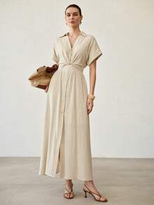 MOTF PREMIUM WOMEN'S NEW FRENCH STYLE COMMUTER PLEATED WAIST SHORT SLEEVE DRESS - Khaki - View 3