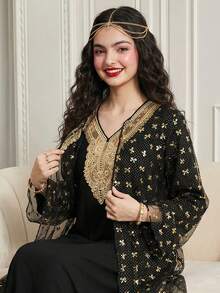 Conjunto de vestido y chaqueta tradicional para adolescentes con diseño floral negro y dorado, chaqueta de malla con lazo y estilo árabe - Negro - Ver 1