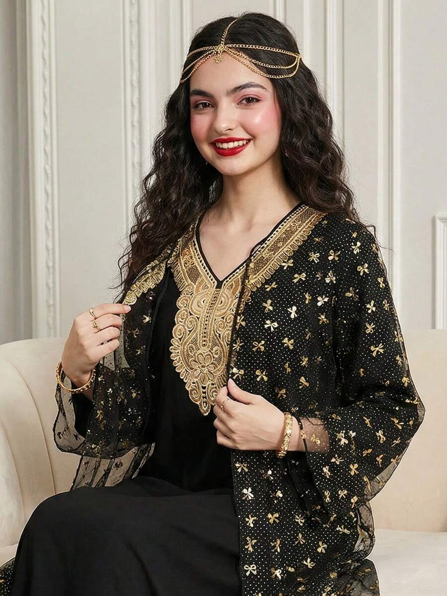 Conjunto de vestido y chaqueta tradicional para adolescentes con diseño floral negro y dorado, chaqueta de malla con lazo y estilo árabe - Negro - Ver 1