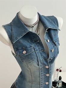 Elamini 女士休闲前扣无袖牛仔衬衫，夏季 - 淺色水洗藍 - 查看 3